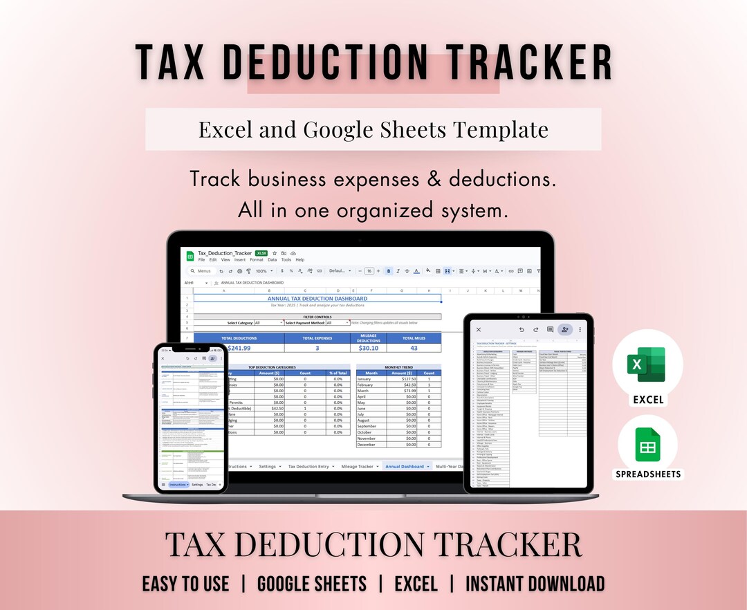 Tax Deduction Tracker Spreadsheet, Google Sheets Tax Template for Small