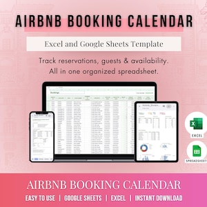 Könnte beinhalten: Ein Airbnb-Buchungskalender-Template, das auf einem Laptop, Tablet und Smartphone angezeigt wird. Das Bild enthält den Text "AIRBNB BOOKING CALENDAR" und "Excel and Google Sheets Template". Das Template hilft bei der Verfolgung von Reservierungen, Gästen und Verfügbarkeit.