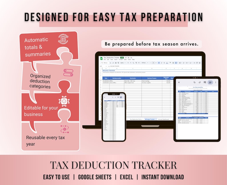 Tax Deduction Tracker Spreadsheet, Google Sheets Tax Template for Small ...