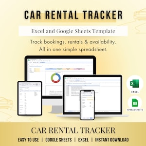 May include: A digital graphic promoting a car rental tracker template. The image displays a desktop computer, laptop, tablet, and smartphone, each showcasing the template's interface. Text includes "Car Rental Tracker" and "Excel and Google Sheets Template."