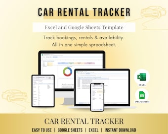 May include: A digital graphic promoting a car rental tracker template. The image displays a desktop computer, laptop, tablet, and smartphone, each showcasing the template's interface. Text includes "Car Rental Tracker" and "Excel and Google Sheets Template."
