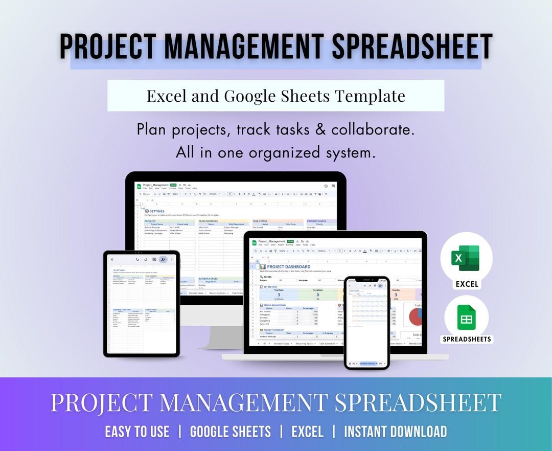 Project Management Spreadsheet, Task Tracker for Google Sheets & Excel ...