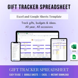 May include: A digital gift tracker spreadsheet template displayed on a laptop, tablet, and smartphone. The image includes the text "Gift Tracker Spreadsheet" and "Excel and Google Sheets Template". The spreadsheet helps track gifts, budgets, and ideas.