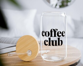 Coffee Club Sipper Glass | 16oz Clear Tumbler with Straw | Aesthetic Coffee Mug