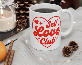 Self Love Club Mug | Heart Retro Script, Red Typography