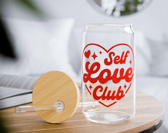 Self Love Club Sipper Glass 16oz | Heart Script Design | Aesthetic Home Glass