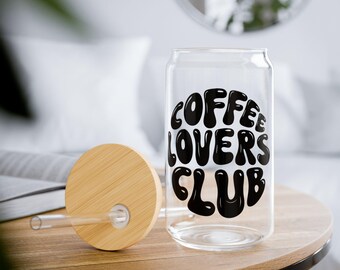 Coffee Lovers Club Sipper Glass | 16oz Clear Tumbler with Straw | Aesthetic Coffee Mug