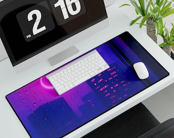 Neon Cityscape Crescent Moon Desk Mat | Vaporwave Night Skyline Mouse Pad
