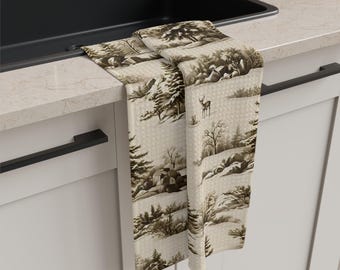 Pano de prato com estampa vintage de veados na floresta | Microfibra com paisagem de árvores da floresta