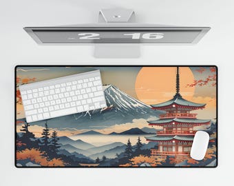 Japanese Pagoda and Mount Fuji Desk Mat | Sunrise Landscape Mousepad