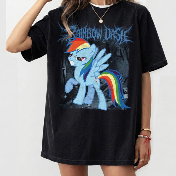 Maglietta della band metal Rainbow Dash, maglietta goth punk di My Little Pony, maglietta con grafica a cartoni animati