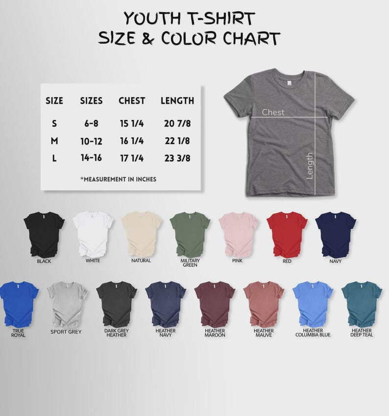 Puede incluir: Una tabla de tallas y colores de camisetas para j&oacute;venes. La tabla incluye las tallas S, M y L, con medidas de pecho de 38,7, 41,3 y 43,8 cm, y largos de 53,0, 56,2 y 59,4 cm. Los colores incluyen negro, blanco y azul marino.