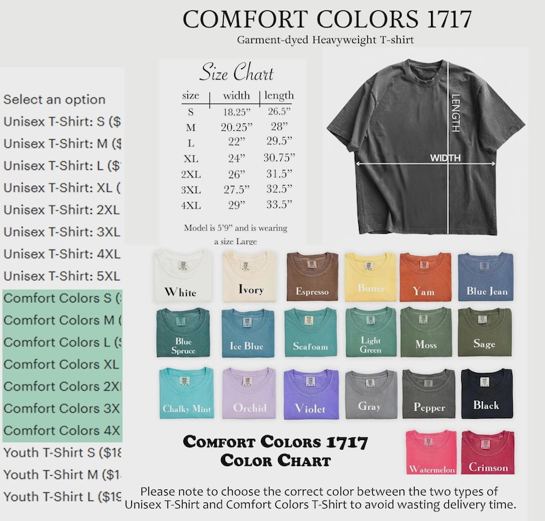 Puede incluir: Una tabla de colores para una camiseta Comfort Colors 1717 te&ntilde;ida con tintes para prendas de peso pesado. La tabla muestra varios colores, incluyendo blanco, marfil, espresso y negro. La tabla de tallas muestra las medidas en pulgadas para las tallas S a 4XL.
