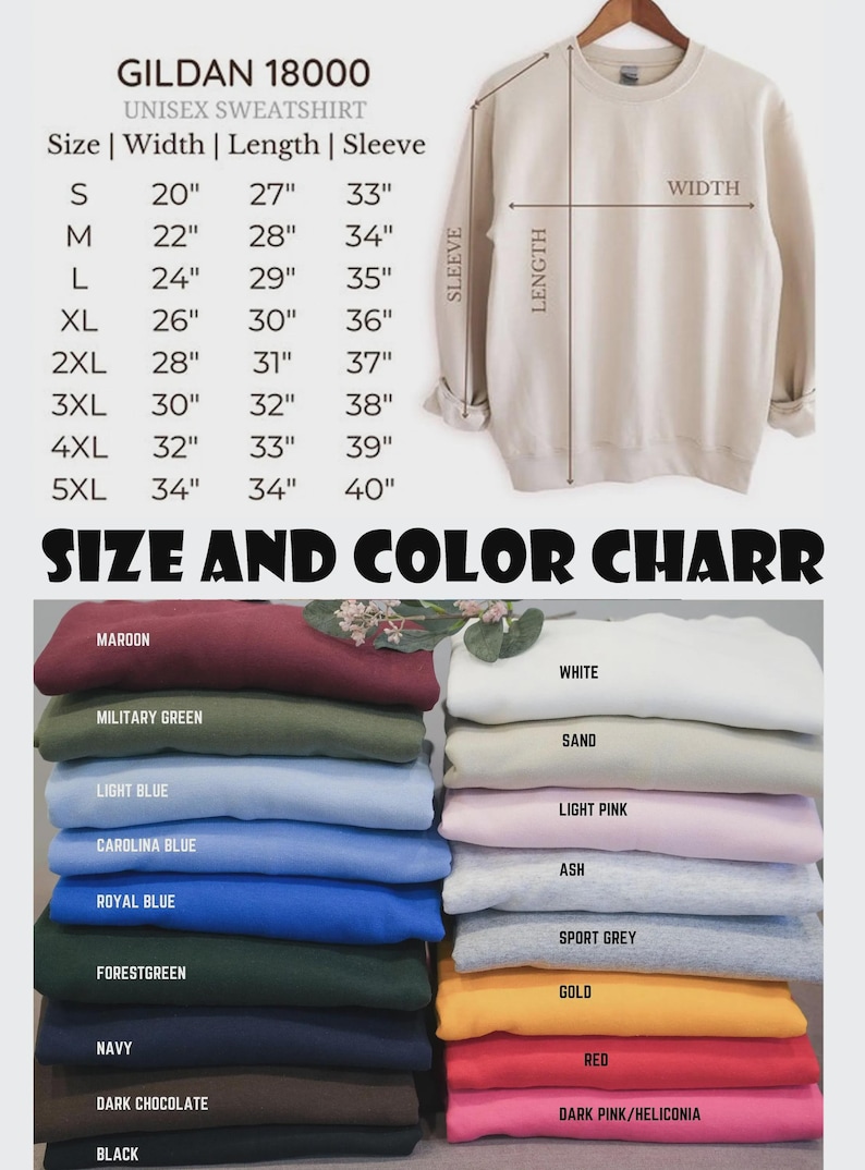 Puede incluir: Se muestra una sudadera unisex Gildan 18000 de color arena, con una tabla de tallas que muestra las medidas en pulgadas. La tabla incluye tallas de la S a la 5XL, con medidas de ancho, largo y manga. Se incluye una tabla de colores.