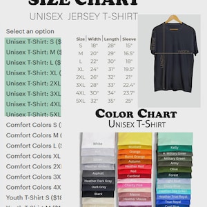 Puede incluir: Tabla de tallas y colores para camisetas unisex de punto. Incluye medidas en cm para las tallas S a 5XL, y una paleta de colores con opciones como blanco, negro, azul marino y gris jaspeado. Se muestra una camiseta negra.