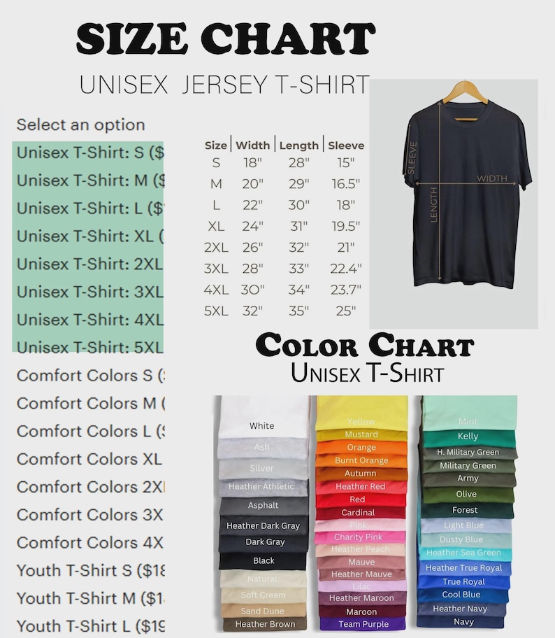 Puede incluir: Tabla de tallas y colores para camisetas unisex de punto. Incluye medidas en cm para las tallas S a 5XL, y una paleta de colores con opciones como blanco, negro, azul marino y gris jaspeado. Se muestra una camiseta negra.