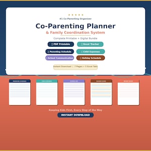 Op de afbeelding: Een digitale co-ouderschapsplanner met een familiecoördinatiesysteem. Inclusief secties voor ouderschapschema's, kinderkosten en schoolcommunicatie. Beschikbaar als PDF-afdruk en Excel-tracker.
