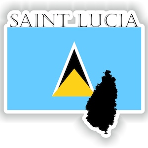 May include: A blue and yellow flag with a black triangle in the centre. The flag is next to a black silhouette of the island of Saint Lucia. The text "SAINT LUCIA" is above the flag.