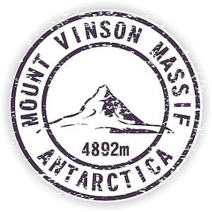 May include: A distressed, circular stamp with the text "Mount Vinson Massif Antarctica" and a silhouette of a mountain peak. The text "4892m" is below the mountain.