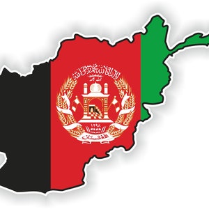May include: A sticker in the shape of Afghanistan, showing the country's flag. The flag is divided into three vertical stripes: black, red, and green. The red stripe features the national emblem.