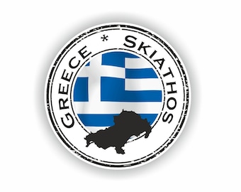 May include: A round, distressed, black and white stamp with the text "GREECE*SKIATHOS" around the edge. The center of the stamp features the Greek flag and a black silhouette of the island of Skiathos.