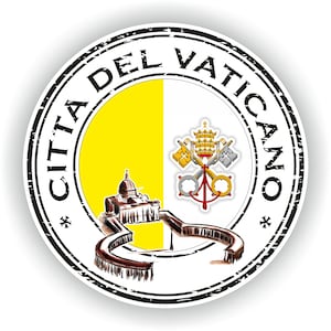 Puede incluir: Un sello circular en blanco y negro con el texto "CITTA DEL VATICANO" alrededor del borde. El centro del sello presenta una bandera amarilla y blanca con una representación de la Basílica de San Pedro y las llaves papales.