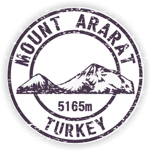 May include: A circular stamp design featuring Mount Ararat, with the text "MOUNT ARARAT" around the top and "TURKEY" at the bottom. The mountain's height is noted as 5165m.