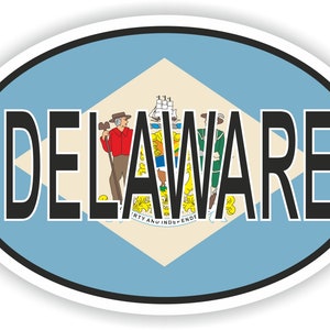May include: Oval sticker featuring the state flag of Delaware with the word "DELAWARE" in black lettering.