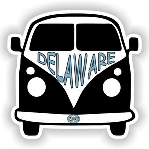 May include: Black and white illustration of a vintage van with the word "DELAWARE" written in blue across the front. A small blue circle with the word "DELAWARE" is below the van.