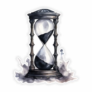 May include: A black and white hourglass with a silver frame and a watercolor background.