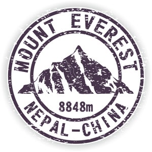 May include: A distressed, circular stamp with the text "Mount Everest" in a white circle with a black outline. The text "Nepal - China" is below the circle and the text "8848m" is inside the circle. A stylized image of Mount Everest is inside the circle.