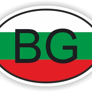 Può includere: Adesivo ovale con i colori della bandiera bulgara: bianco, verde e rosso. Le lettere "BG" sono in nero sopra la striscia verde.