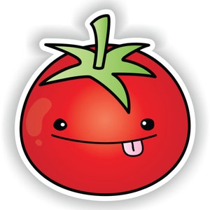 Könnte beinhalten: Eine rote Cartoon-Tomate mit weißem Umriss und grünem Stiel. Die Tomate hat ein lächelndes Gesicht mit herausgestreckter Zunge.