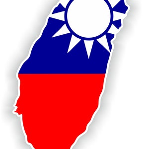 May include: A blue and red map of Taiwan with a white sun in the center. The sun has 12 points and is surrounded by a white circle.