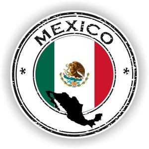 Op de afbeelding: Een ronde sticker met de Mexicaanse vlag, met groene, witte en rode verticale strepen. Het Mexicaanse wapen staat in het midden. Het woord "MEXICO" is in zwarte letters rond de vlag gedrukt.
