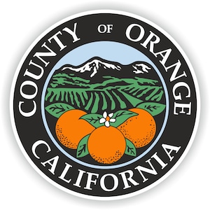 May include: Black and white seal with the text "County of Orange California" around the edge. The seal features a mountain range, a field of orange trees, and three oranges.