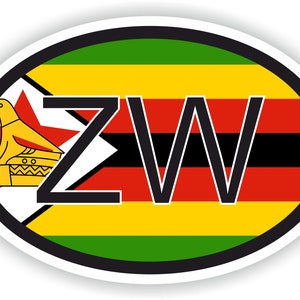 May include: A white oval sticker with a black border and the letters "ZW" in black. The sticker features the flag of Zimbabwe, with green, yellow, red, and black stripes, and a red star with a yellow bird in the top left corner.