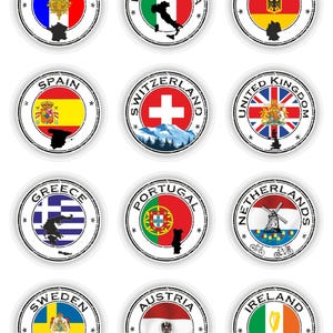 May include: A set of circular stickers displaying flags and country names. Each sticker has a white border and a black outline. Flags include France, Italy, Germany, Spain, Switzerland, United Kingdom, Greece, Portugal, Netherlands, Sweden, Austria, and Ireland.