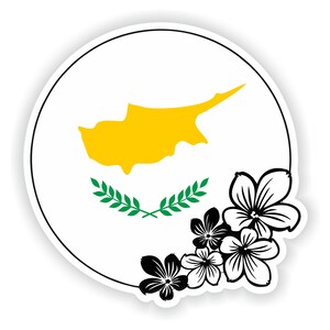 May include: A white circle sticker with a yellow outline of the island of Cyprus and a green olive branch design. The sticker is decorated with black and white flowers.