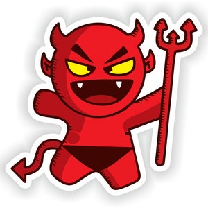 Könnte beinhalten: Ein roter Cartoon-Teufel mit Hörnern und einem Schwanz, der einen schwarzen und roten Badeanzug trägt und einen roten Dreizack hält.