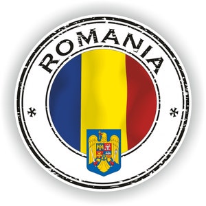 May include: A round, black and white, distressed, rubber stamp with the word "ROMANIA" in a circle around a blue, yellow, and red flag with the Romanian coat of arms in the center.