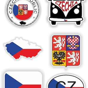 May include: A set of six stickers featuring various representations of the Czech Republic. The stickers include a stamp with the text "Czech Republic" and the Czech flag, a black and white illustration of a van with the text "Czechia" and the Czech flag, a white outline of the Czech Republic with the Czech flag, a coat of arms with four quadrants, a square sticker with the Czech flag, and a round sticker with the Czech flag and the text "CZ".
