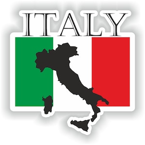 May include: A sticker with the word "ITALY" in a white banner above a green, white, and red Italian flag. The outline of Italy is shown in black on the white stripe of the flag.