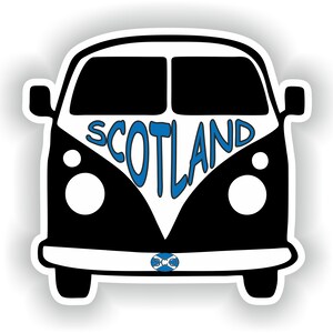 May include: A black and white illustration of a vintage van with the word "SCOTLAND" written in blue letters across the front. The van has a Scottish flag on the front bumper.