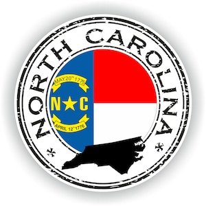May include: A black and white distressed circular stamp with the text "NORTH CAROLINA" around the edge. The centre of the stamp features the North Carolina state flag with the state seal and a black silhouette of the state outline.