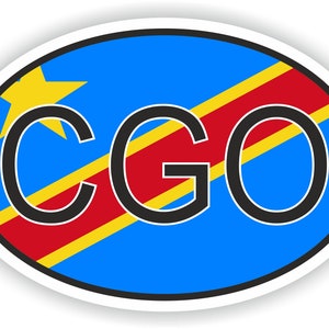 Può includere: Adesivo ovale con la bandiera della Repubblica del Congo. Il design include uno sfondo blu, una stella gialla, una striscia diagonale rossa e le lettere "CGO" in nero.