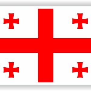 Può includere: La bandiera della Georgia presenta uno sfondo bianco con una grande croce rossa al centro. Quattro croci rosse più piccole sono posizionate negli angoli della bandiera.