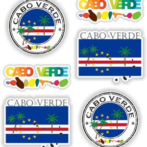 May include: A set of five stickers featuring the flag of Cape Verde. The stickers include a round sticker with the flag and the text "Cabo Verde" in a circle, a rectangular sticker with the flag and the text "Cabo Verde" above it, a sticker with the text "Cabo Verde" in colourful letters, and two more round stickers with the flag and the text "Cabo Verde" in a circle.