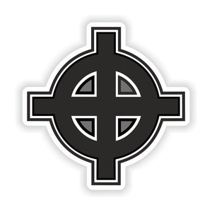 Puede incluir: Una cruz celta negra con un círculo alrededor. La cruz está delineada en blanco.
