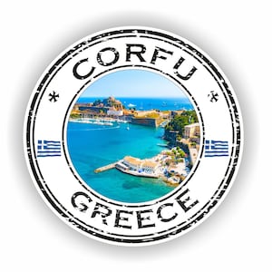 May include: A round, black and white stamp with the text "CORFU GREECE" and a picture of a harbor with a fortress in the background. The stamp has a blue and white Greek flag on each side.